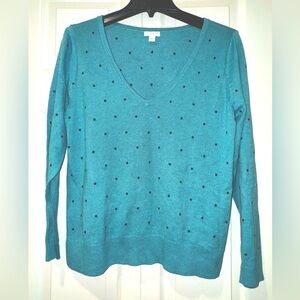 J Jill Teal Polka Dot V-Neck Sweater. Size MP GUC